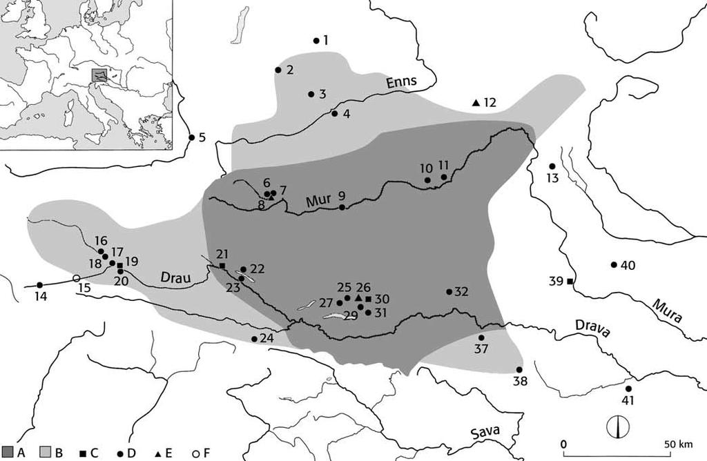 Obr. 11. Rozsah karantánského knížectví v polovině 8. století podle H.-D. Kahla (Kahl 2002, Abb. 7).