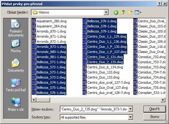 CAD Decor > Převodník prvků Načtení prvků Tlačítkem Přidat soubory otevřete dialogové Přidat prvky pro převod: Jedná se o standardní