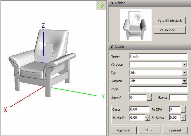 CAD Decor > Převodník prvků Nastavení převodu Parametry prvku se před jeho vložením do uživatelské databáze nastavují v pravé části dialogového okna.