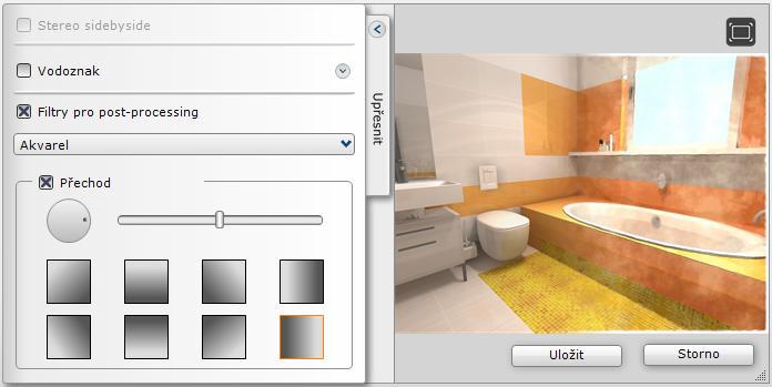 CAD Decor > Vizualizace Přepínačem Přechod můžete zapnout takové zobrazení, ve kterém bude filtr použit jen na části obrázku: Kruhovým ovladačem nastavte směr plynulého přechodu z normálního obrázku