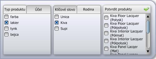 Ve střední části panelu, na kartě Klíčové slovo, zaškrtněte, jaké materiály potřebujete (např. polyuretanový lak, alkidový lak, akrylový lak apod.):.