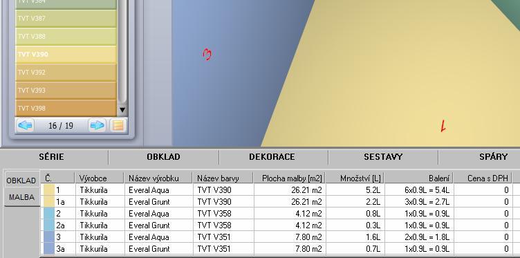 V prvním sloupci přehledu je uvedeno číslo barvy. Barvy jsou číslovány automaticky při aplikaci barvy na plochy nebo prvky v modelu. Všechny plochy natřené stejnou barvou jsou označeny stejným číslem.