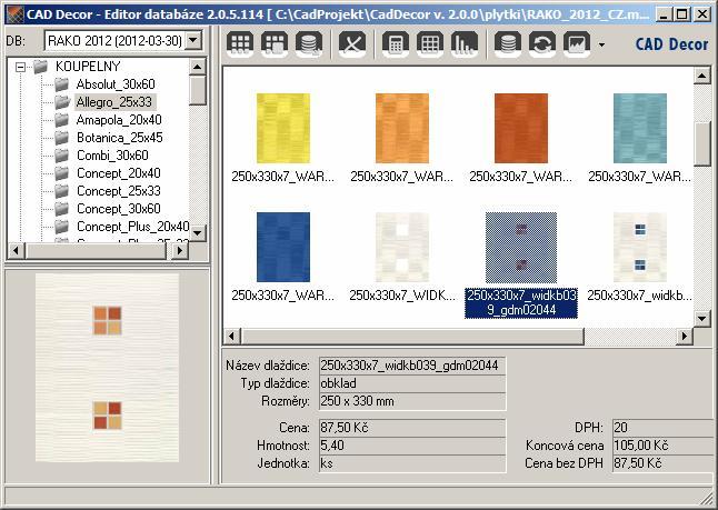 Editor databáze dlaždic CAD Decor > Editor databáze dlaždic Editor dlaždic je samostatný program, který musíte spustit z nabídky Start operačního systému volbou položky Programy > software > Editor