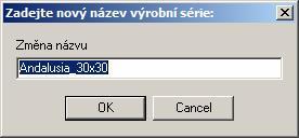 CAD Decor > Editor databáze dlaždic Změna názvu Po volbě položky Změnit název se objeví dialogové okno, ve kterém můžete změnit název vybrané výrobní série nebo výrobního programu: Změna ceny Po