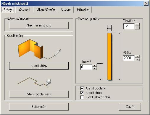 CAD Decor > Kreslení místností Kreslení místností Kreslení místností zahrnuje kreslení stěn a příček, vkládání oken, dveří, otvorů, výklenků a přizdívek a kreslení stropních šikmin simulujících