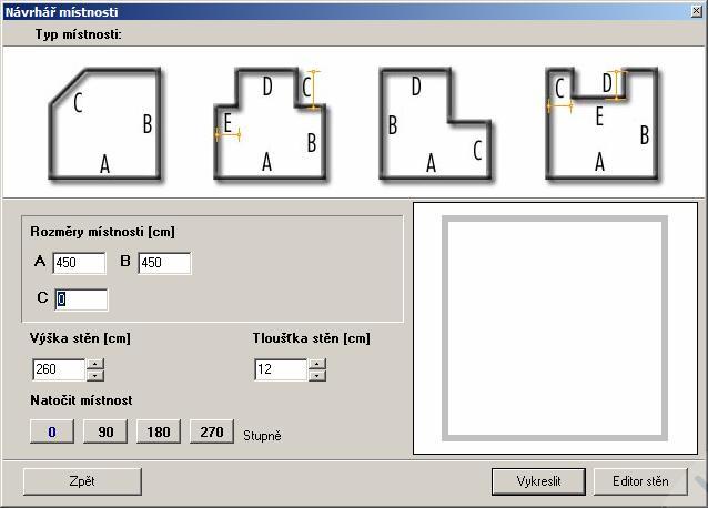 CAD Decor > Kreslení místností Návrhář místnosti Dialogové okno Návrhář místnosti otevřete tlačítkem Návrhář místnosti.