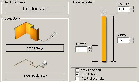 V horní části okna jsou typické půdorysy místností. Pokud vám žádný z těchto předdefinovaných půdorysů nevyhovuje, musíte v dialogovém okně Modelování místnosti zvolit jinou metodu kreslení stěn.