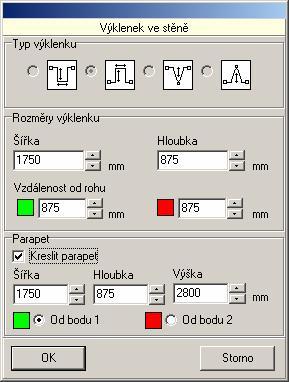 CAD Decor > Kreslení místností Výklenek ve stěně Výklenek se provede vždy v aktuálně vybrané stěně.