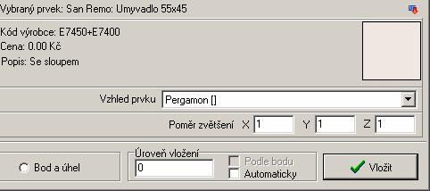 CAD Decor > Prvky vnitřního vybavení Některé prvky umožňují volbu materiálu, je-li to možné zvolte materiál z výsuvné nabídky pod náhledy prvků: Klepněte na tlačítko Vložit. Dialogové okno se uzavře.