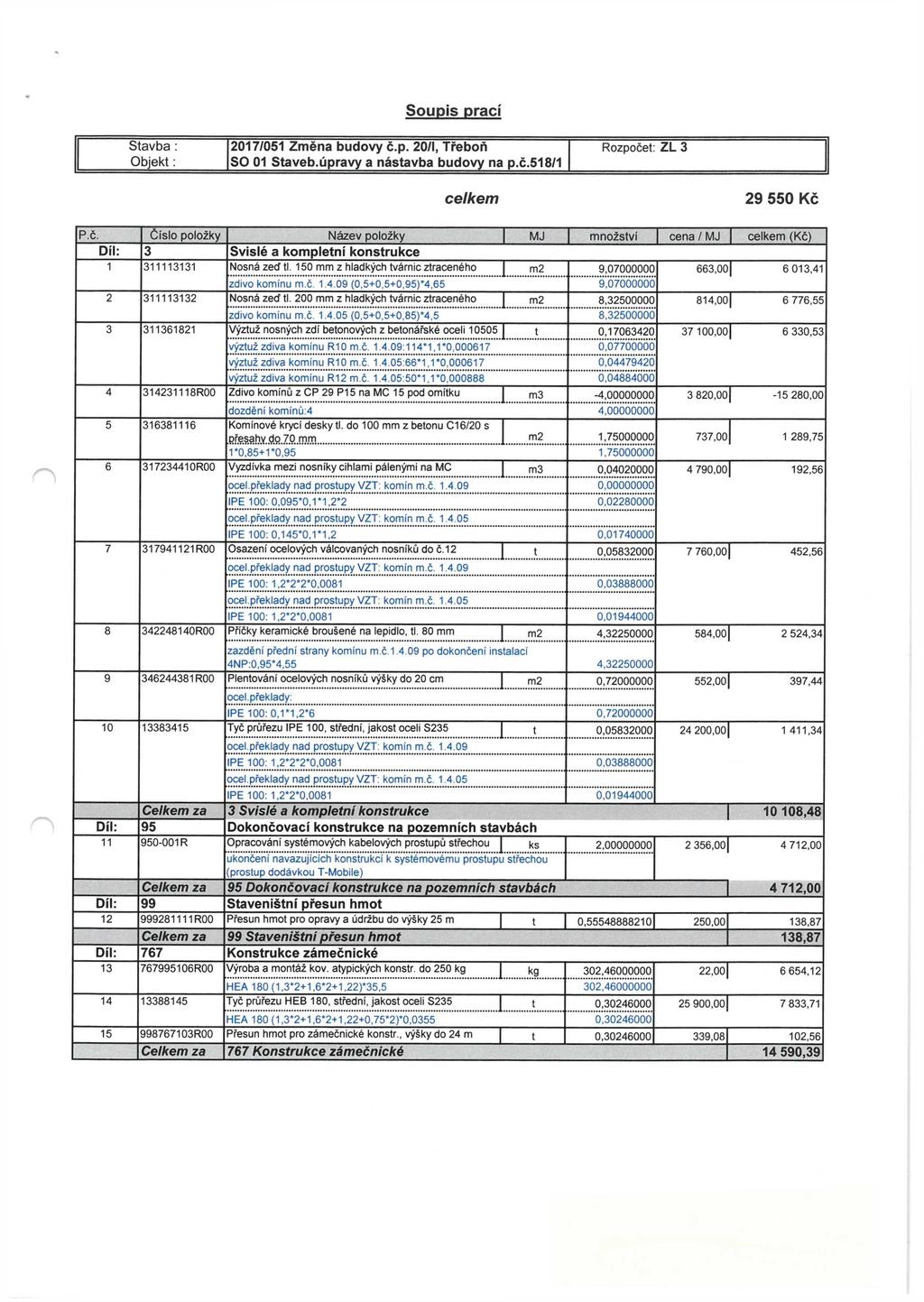 Soupis prací Stavba : Objekt: 2017/051 Změna budovy č.p. 20/I, Třeboň SO 01 Staveb.úpravy a nástavba budovy na p.č.518/1 Rozpočet: ZL 3 celkem 29 550 Kč P.č. Číslo položky Název položky MJ množství cena / MJ celkem (Kč) Díl: 3 Svislé a kompletní konstrukce 1 311113131 Nosná zeď tl.