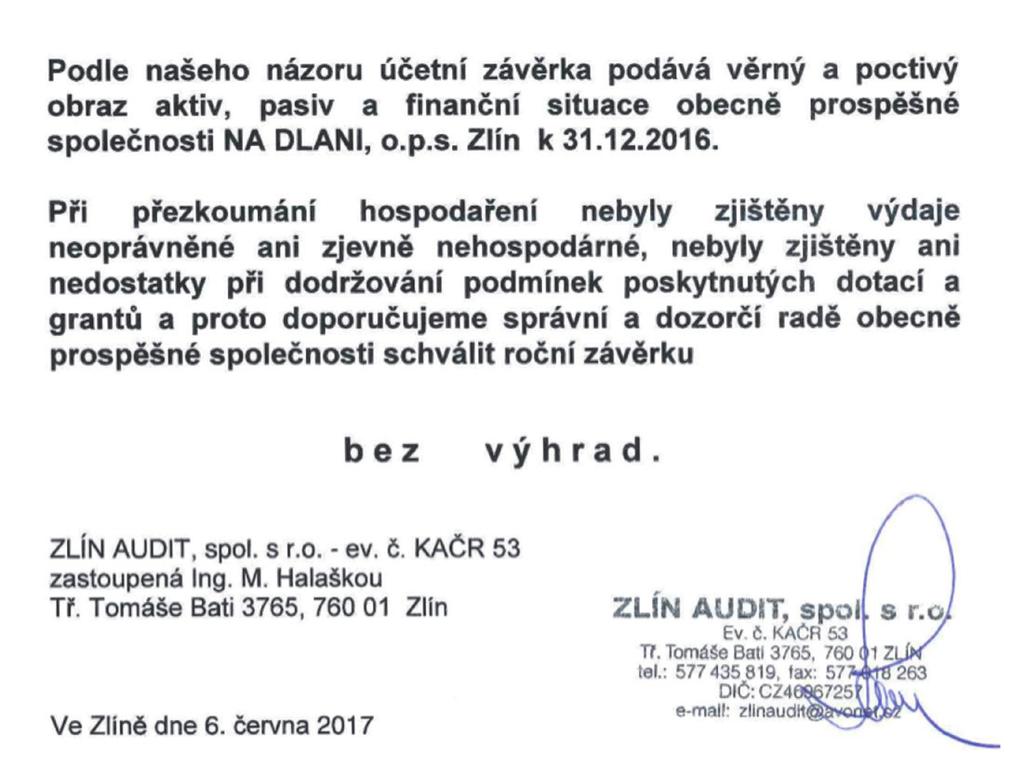 ZPRÁVA NEZÁVISLÉHO AUDITORA ZPRÁVA O HOSPODAŘENÍ ORGANIZACE ZA ROK 2016 VÝNOSY NÁKLADY Tržby za vlastní výkony a zboží 2 772 677 Kč Spotřebované nákupy 83 156 Kč Provozní dotace 2 010 435 Kč Služby 2