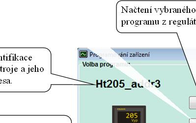 Načtení vybraného programu z regulátoru. Smazání vybraného programu. Seznam všech programů uložených na pevném disku počítače. Identifikace přístroje a jeho adresa. Volba programu.