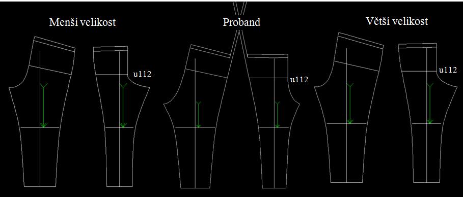 Obr. 33: Vizuální zobrazení konstrukčních sítí pánských kalhot při korekci kladných numerických hodnot pro šířku sedového výkroje PD Doměření pasové šířky Z Obr.