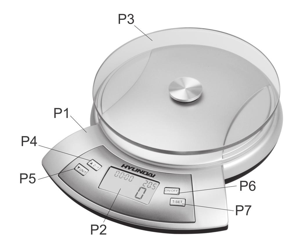 CZ Popis ovládacch prvků P1. Jednotka váhy P2. Displej P3. Vážící plocha P4.