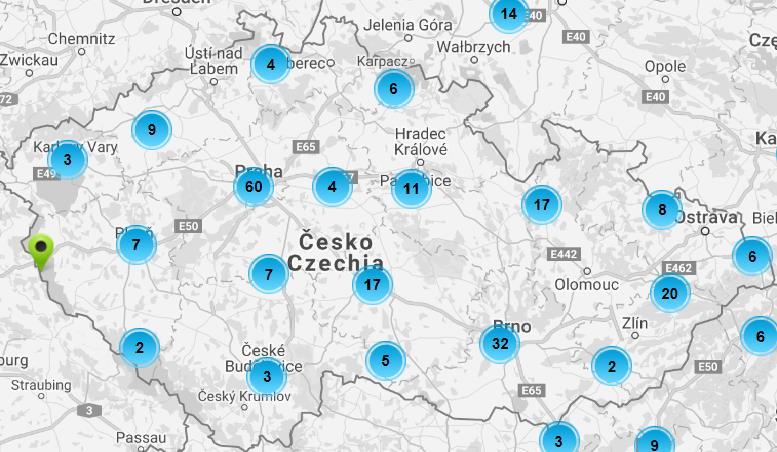 Obrazek 4 - Nabíjecí stanice pro elektromobily Zdroj: (Přehledná mapa nabíjecích stanic ) K dnešnímu dni je většina dobíjecích stanic umístěna ve velkých městech jako je Brno Olomouc.