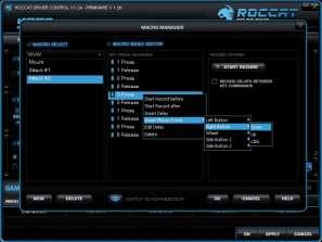 Vložení kliknutí Další zvláštností ovladače ROCCAT je možnost vložit do makra kromě příkazů klávesnice také kliknutí myši. Akci myši můžete vložit za posloupnost kláves, před ni nebo do ní.