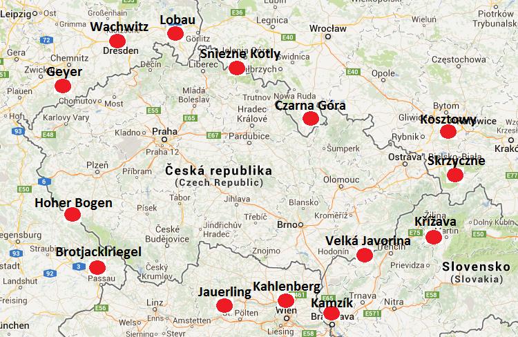 Obrázek 1.3 Zobrazení zahraničních vysílačů Tabulky 1.3, 1.4, 1.5 a 1.6 ukazují seznamy přijímaných vysílačů v ČR ze sousedních států, které jsou vyznačeny na obrázku 1.3. Pro kaţdý multiplex jsou vypsány podrobné informace o vysílání, jako je výkon vysílače [kw], polarizace [V/H] a kanál [k] s vysílaným kmitočtem [MHz].