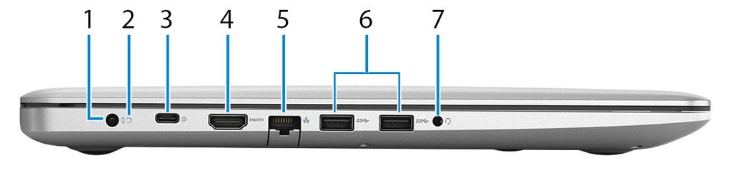 Pohledy Vlevo 1 Port napájecího adaptéru Slouží k připojení napájecího adaptéru jako zdroje napájení a k nabíjení baterie.