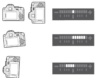 13) Zvolte zda se mají zobrazit elektronické libely v položce [Vrchní vrstva hledáčku] a [Live View] menu 5 menu. Příklady elektronické libely v hledáčku 1 Rámeček AF (p.