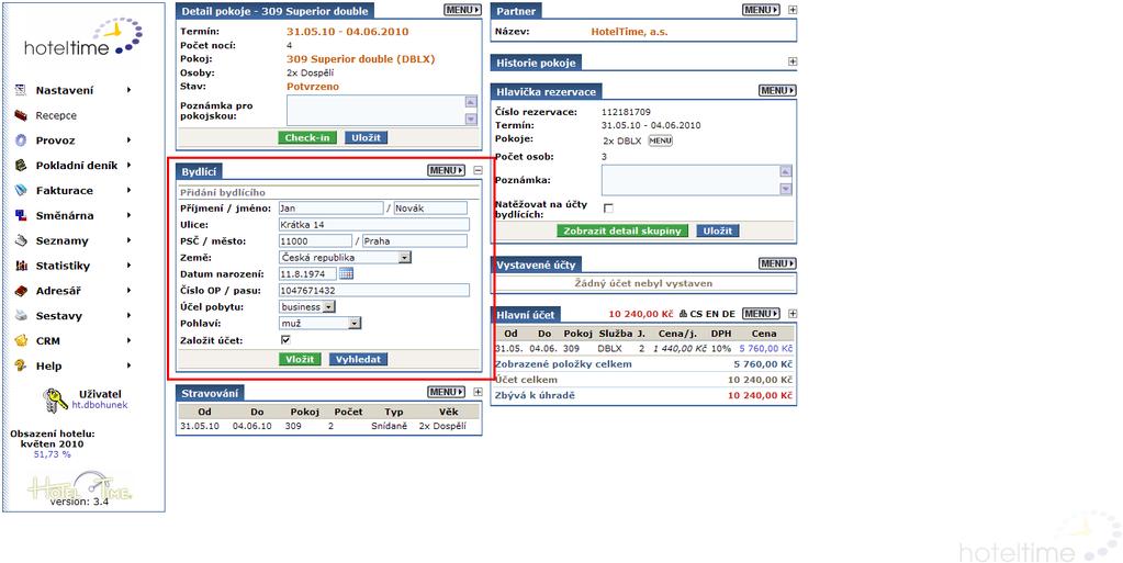 Obrázek 35 - Vložení bydlícího Přidání bydlícího Funkce na přidání bydlícího hosta do detailu pokoje. Do jednotlivých řádků se vyplní základní informací o bydlícím.