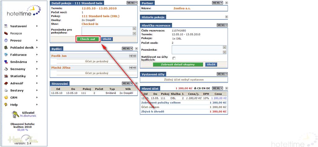 Rezervace ve stavu check-out můžete najít například v reportu odjezdů, dále v seznamu uzavřených účtů ve fakturaci, ve štaflích pokojů a skupin, nebo v reportu ubytovaných hostů.