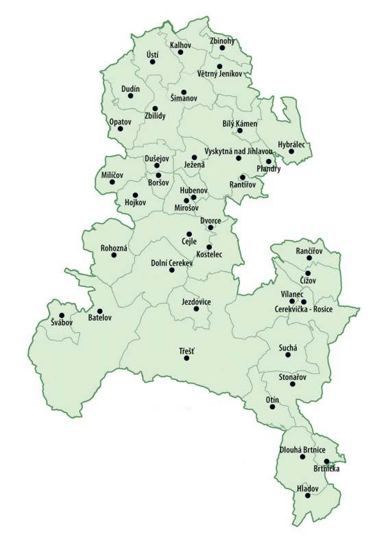 2.2 Území působnosti MAS Třešťsko Území působnosti MAS Třešťsko je poměrně rozsáhlé a je tvořeno 39 obcemi. Tyto téměř čtyři desítky obcí leží v centrální části Kraje Vysočina.