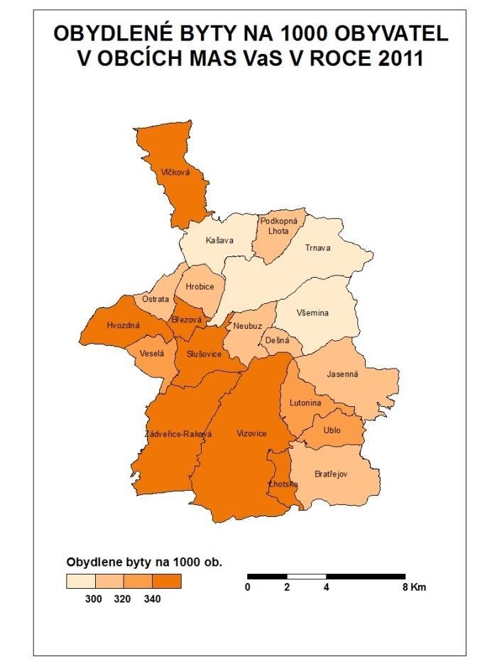 Graf 13 - Bytový fond obcí MAS VaS v roce 2011 Zdroj: SLDB 2011, vlastní zpracování Mapa 8 Počet bytů