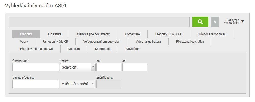 Domů umožňuje návrat na úvodní okno ze všech částí aplikace Moje ASPI umožňuje nastavení a správu vlastních poznámek a notifikací, správu licence Kalkulačky ASPI VŠFS má zakoupenu licenci pouze na