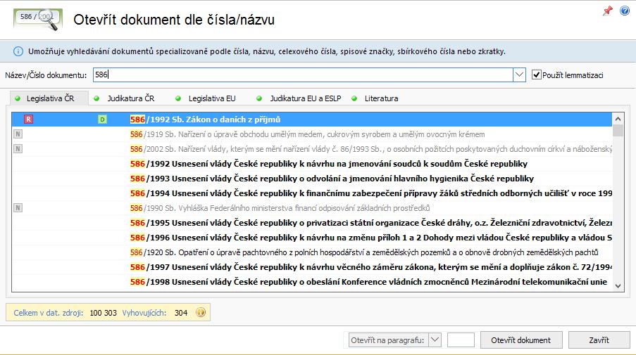3.7 Otevření dokumentu dle čísla nebo názvu Dalším z účinných způsobů vyhledávání dokumentů v produktu Codexis je za využití nástroje Otevřít dokument dle čísla/názvu.