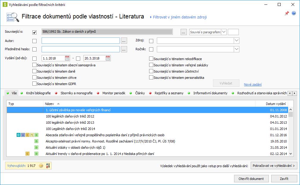 4.12 Filtr literatury Stejně jako je možné filtrovat dokumenty a judikáty, je také možné filtrovat dokumenty v datovém zdroji Literatury.