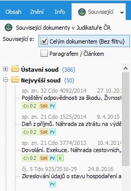 Hodnota CITEX je interpretována ve všech seznamech judikatury ikonou s popisem CI: a hodnotou citačního indexu.