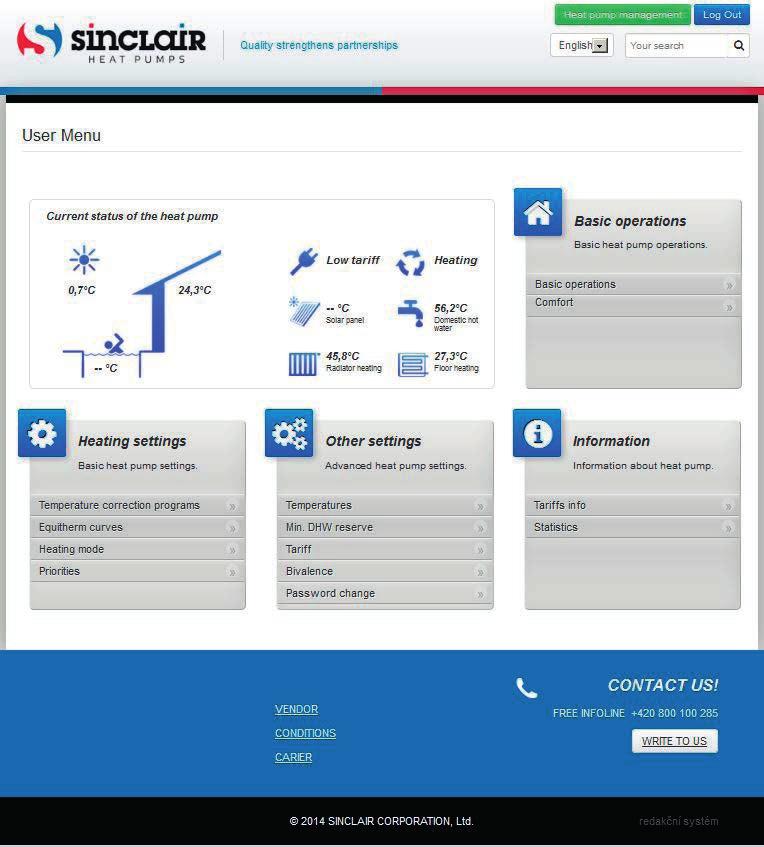 na adrese www.sinclairheatpumps.eu Zřízení i provoz účtu jsou bezplatné Interaktivní prostředí (zobrazení reálné ekvitermní křivky, atd.