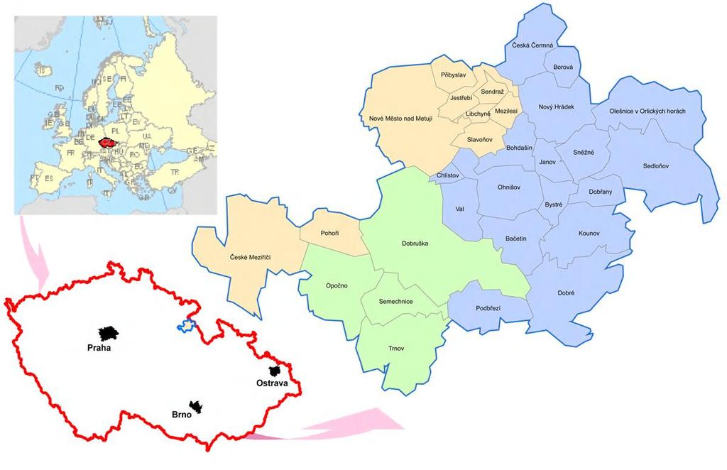 1.3 Územní působnost Místní akční skupina k 31.12. 2008 působí na území katastru 30 obcí z oblastí Novoměstska, Dobrušska, Opočenska a Orlických hor.