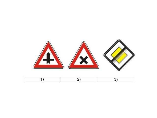 49) Která z vyobrazených dopravních značek označuje hlavní pozemní komunikaci: 1 b. a) ID otázky: 2475 a) Značka č. 1 b) Značka č. 2 c) Značka č. 3 50) V úseku za touto dopravní značkou: 1 b.