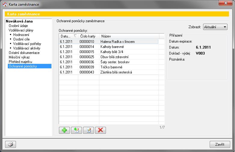 Ochranné pomůcce lze nastavit datum expirace, kdy bude mít zaměstnanec opět nárok na novou ochrannou pomůcku (např. zdravotní sestra místo právě přiřazené zástěry může dostat novou za tři měsíce).