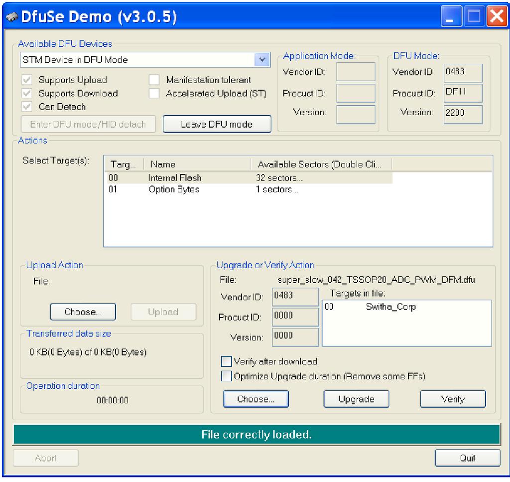 Nahrání firmware pomocí programu DfuSE Demo.