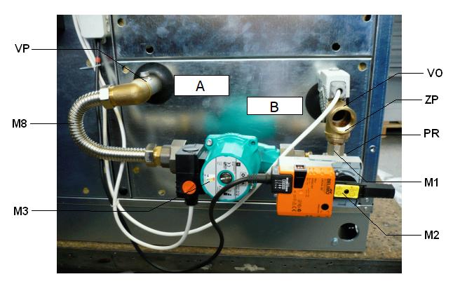 Obr. 2 Regulační uzel MERUK A. přívod, B. odvod, VP. přívodní trubka výměníku, VO. odvodní trubka výměníku, PR. připojovací část k přívodnímu potrubí, ZP.
