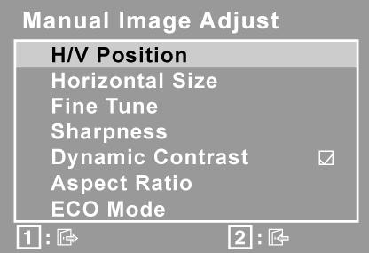 Ovládací prvek Popis Manual Image Adjust (Ruční nastavení obrazu) zobrazí nabídku ručního nastavení obrazu H./V.