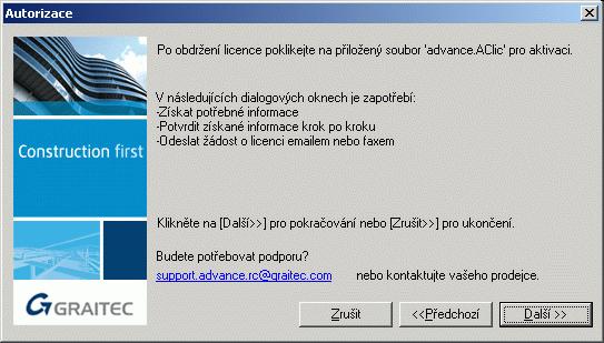 spuštění AutoCADu nebo Architectural Desktopu, stačí kliknout na «Start\Programy\Graitec\Advance Concrete 2009\Vytvoření licence».