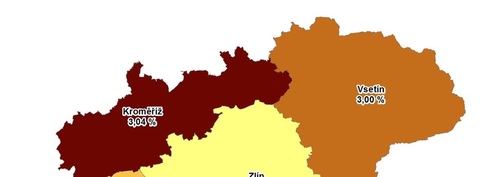 3. MAPA Podíl nezaměstnaných v okresech Zlínského kraje