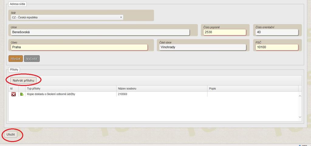 stisknutím tlačítka Nahrát přílohu a Uložit.
