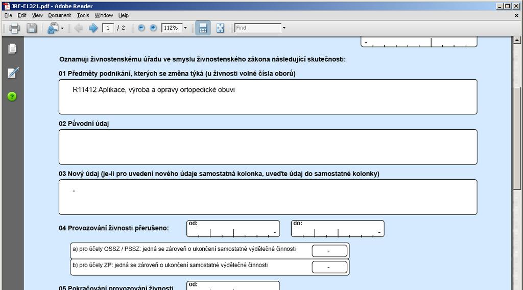 Nabídka tisku podání v pdf souboru: O úspěšném zpracování podání je uživatel informován v