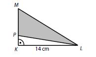 Na druhé odvěsně KM leží bod P. Obsah tupoúhlého trojúhelníku PLM je 56 cm 2. Vypočtěte v cm délku strany PM tupoúhlého trojúhelníku PLM.