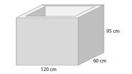 31) Káď tvaru kvádru je vodou naplněna po okraj. Vnější rozměry kádě jsou 5 cm, 120 cm a 60 cm. Tloušťka všech stěn i dna je 5 cm. Kolik litrů vody se vešlo do kádě?