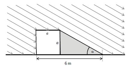 23) Na vodorovné podložce je položena bedna tvaru krychle s hranou délky a. Bedna osvětlená slunečním světlem vrhá stín na podložku. Směr slunečních paprsků svírá s podložkou úhel α.