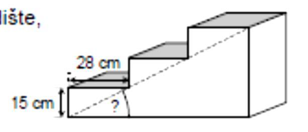 49) Pod jakým úhlem (zaokrouhleným na desetiny stupňů) stoupá schodiště, jehož schody jsou 28 cm široké a 15 cm vysoké?