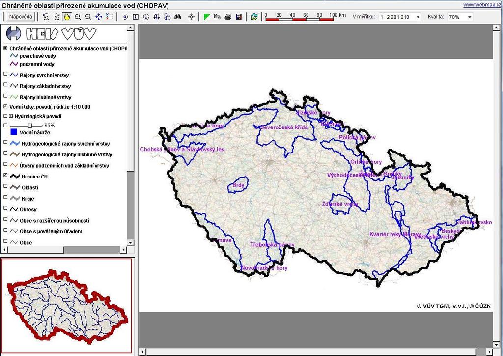 Obrázek: Prezentace dat v internetovém mapovém prohlížeči Odkazy Zákon č. 254/2001 Sb., o vodách a o změně některých zákonů (vodní zákon) ve znění zákona č. 20/2004 Sb., zákona č. 150/2010 Sb.