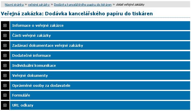 Obrázek 29: Detail veřejné zakázky Kliknutím na šedá záhlaví jednotlivých bloků je střídavě rozevřete a opět zavřete.