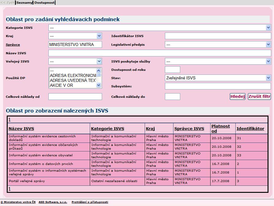 Kliknutím na volbu Seznamy v menu nahoře se vytvoří požadovaná sestava.