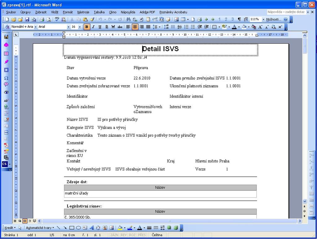 Obrázek 57 Výpis informací o popisovaném ISVS ve formátu PDF Volba Export do RTF